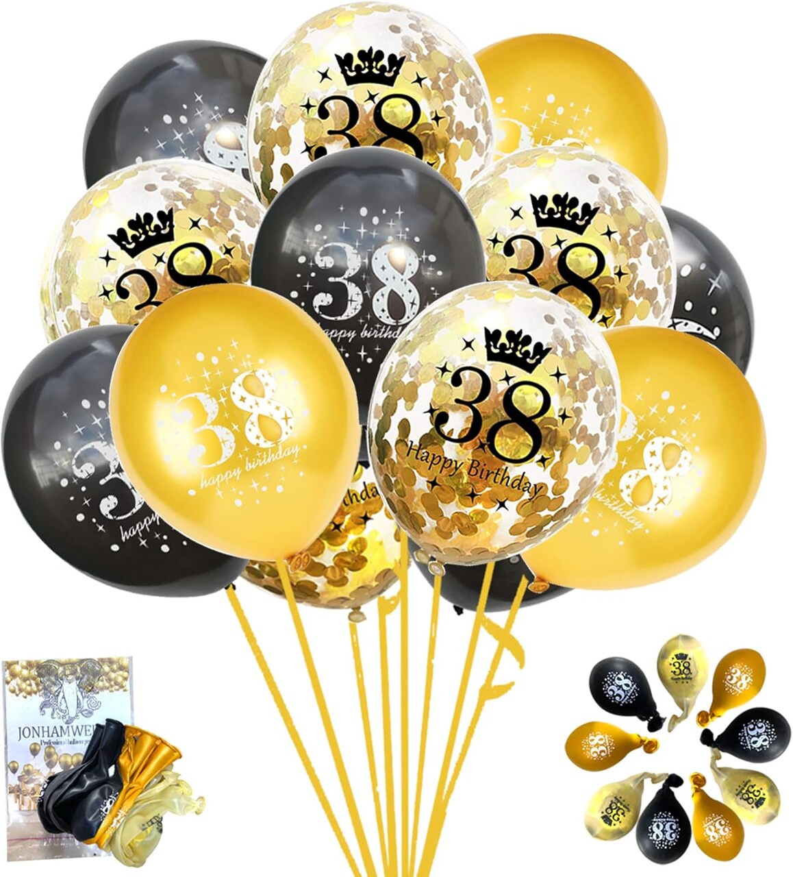 38th Birthday Balloons 38 Years Black Gold Latex Confetti Printed Number Balloons for Men Women Birthday Party Decorations